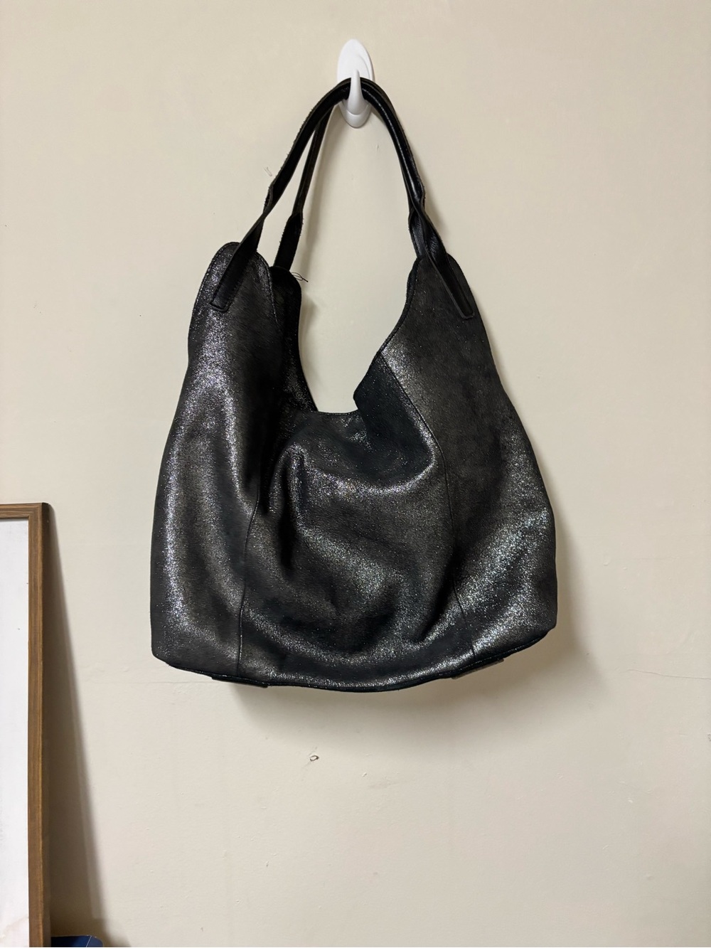 Sondra Roberts Black Shimmery Suede Shoulder Hobo Bag-Genuine leather